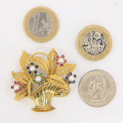 Vintage 18ct Gold Gardenia Brooch Hallmarked Pearl Emerald Topaz