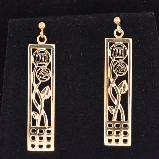 Vintage 9ct Hallmarked Ortak Gold Art Nouveau Rennie Mackintosh Drop Earrings Boxed Gift