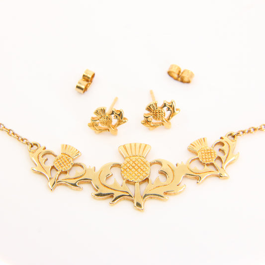 Vintage 9ct Scottish Thistle Hallmarked Yellow Gold Jewellery Set Pendant Necklace Earrings