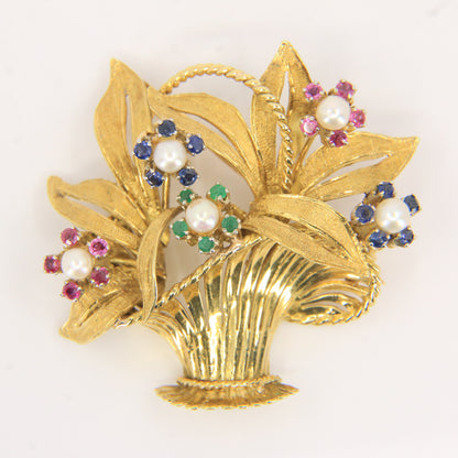 Vintage 18ct Gold Gardenia Brooch Hallmarked Pearl Emerald Topaz