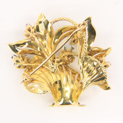 Vintage 18ct Gold Gardenia Brooch Hallmarked Pearl Emerald Topaz