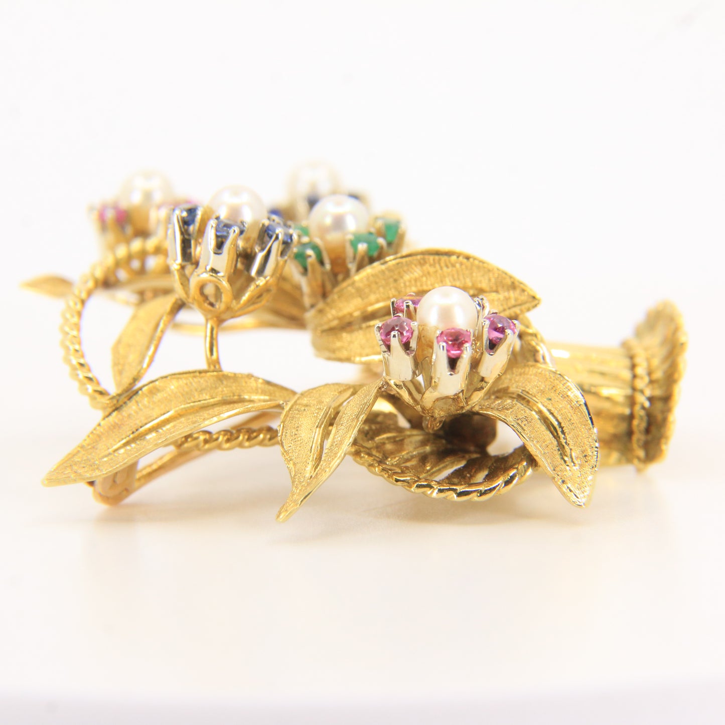 Vintage 18ct Gold Gardenia Brooch Hallmarked Pearl Emerald Topaz