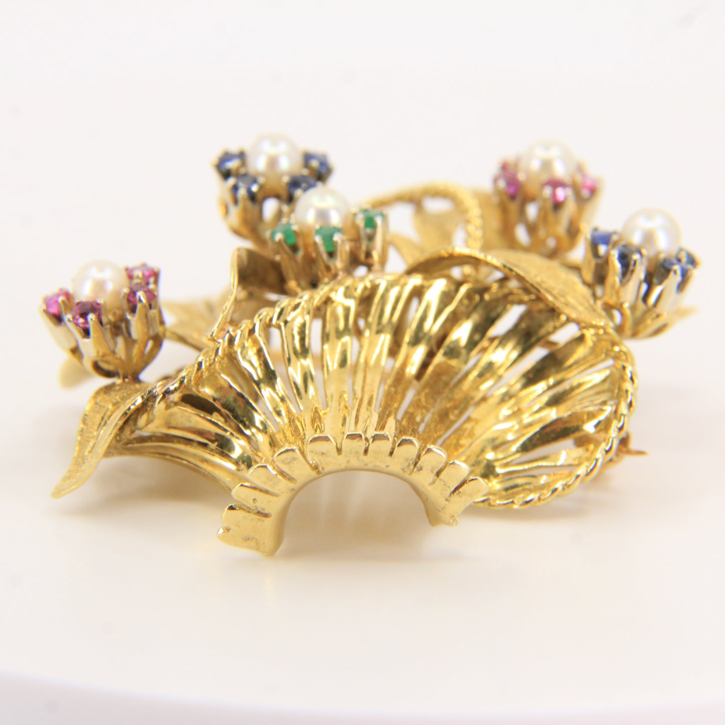 Vintage 18ct Gold Gardenia Brooch Hallmarked Pearl Emerald Topaz