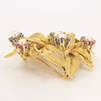 Vintage 18ct Gold Gardenia Brooch Hallmarked Pearl Emerald Topaz