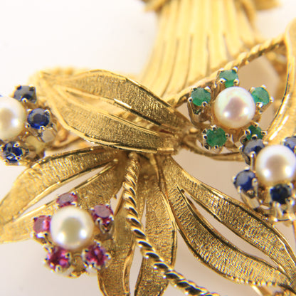 Vintage 18ct Gold Gardenia Brooch Hallmarked Pearl Emerald Topaz