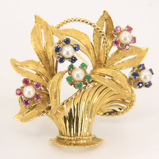 Vintage 18ct Gold Gardenia Brooch Hallmarked Pearl Emerald Topaz