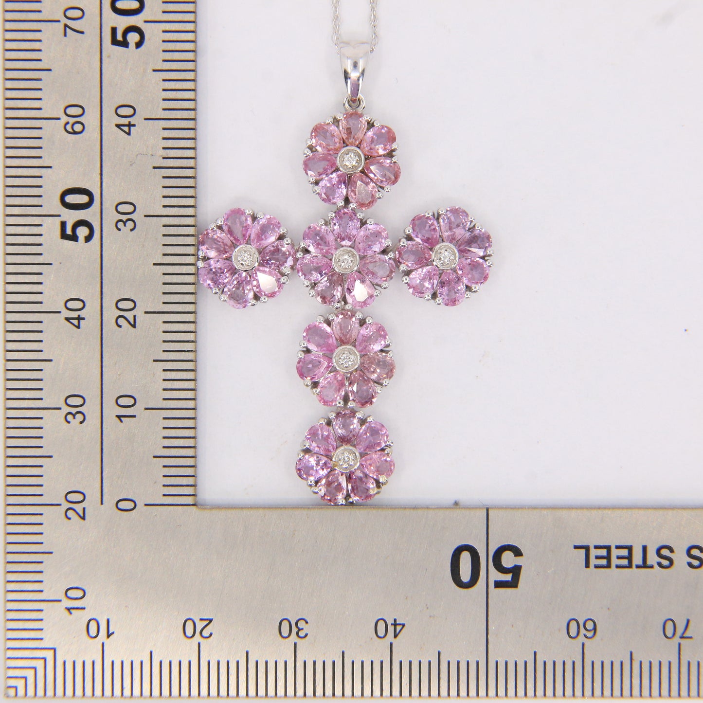 Vintage 18ct Hallmarked White Gold Pink Sapphire Diamond 18 Inch Cross Pendant Necklace