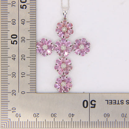 Vintage 18ct Hallmarked White Gold Pink Sapphire Diamond 18 Inch Cross Pendant Necklace