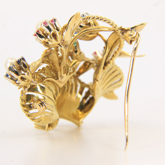 Vintage 18ct Gold Gardenia Brooch Hallmarked Pearl Emerald Topaz