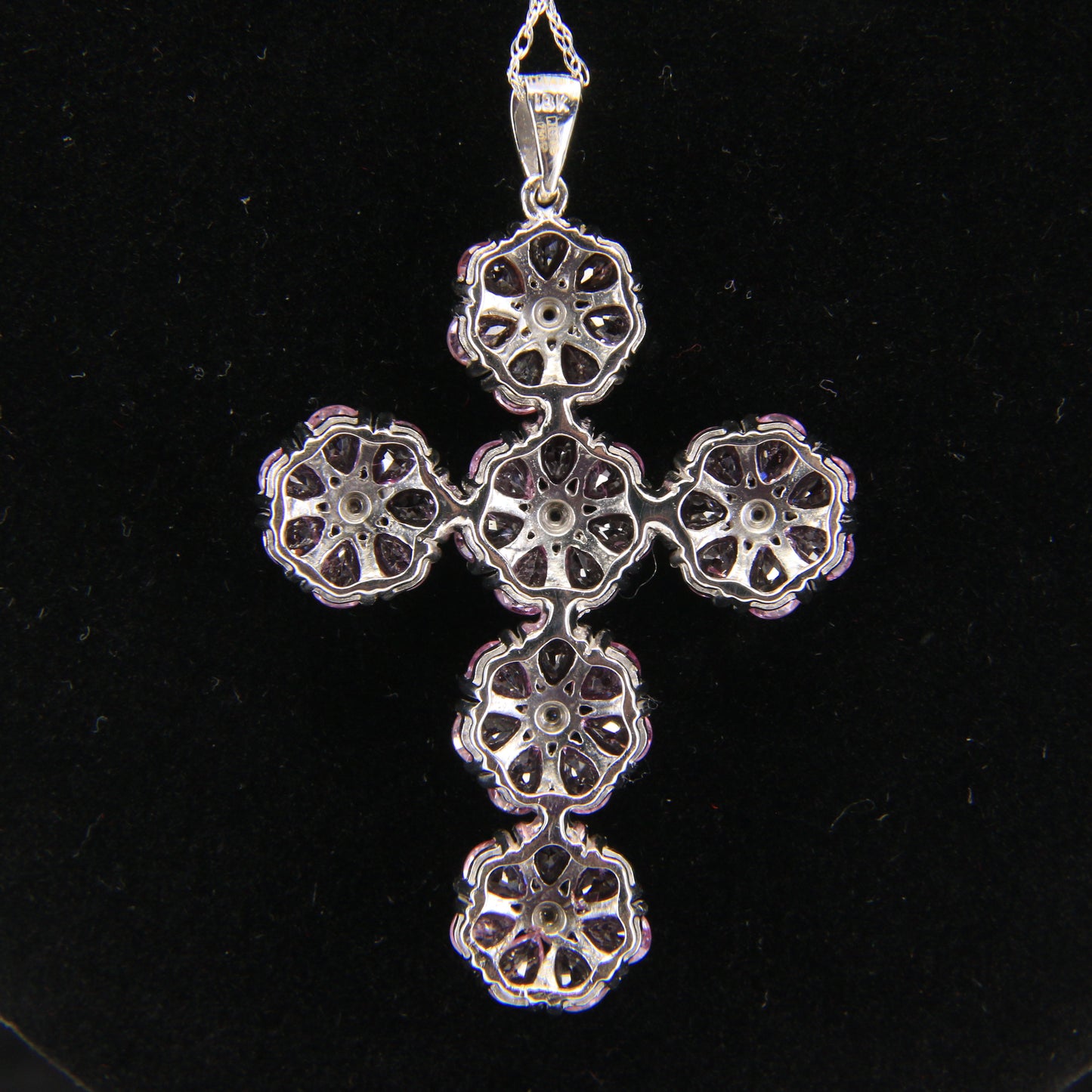 Vintage 18ct Hallmarked White Gold Pink Sapphire Diamond 18 Inch Cross Pendant Necklace