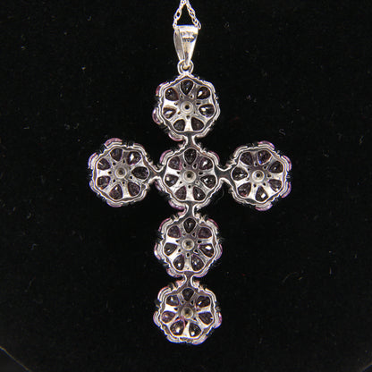 Vintage 18ct Hallmarked White Gold Pink Sapphire Diamond 18 Inch Cross Pendant Necklace