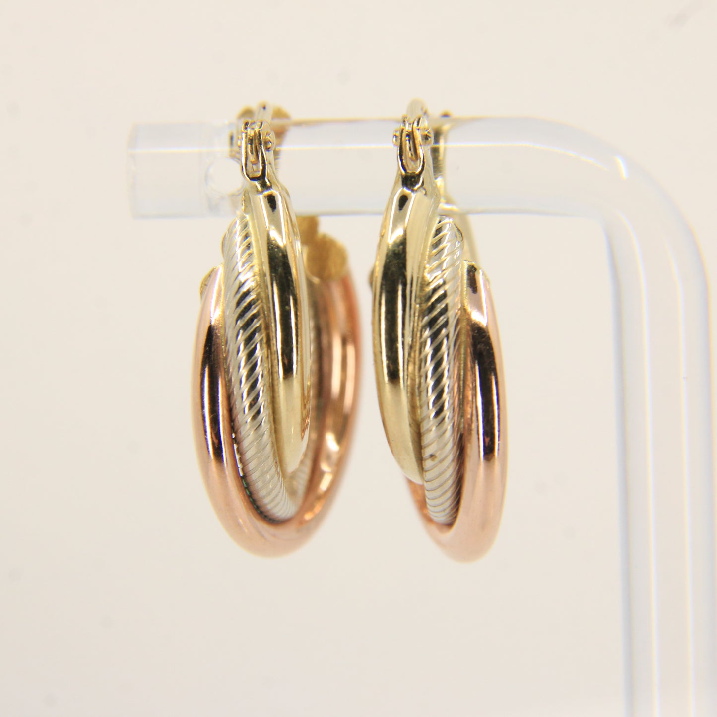 Vintage 9ct Gold Russian Style 3 Tone Hoop Earrings Hallmarked