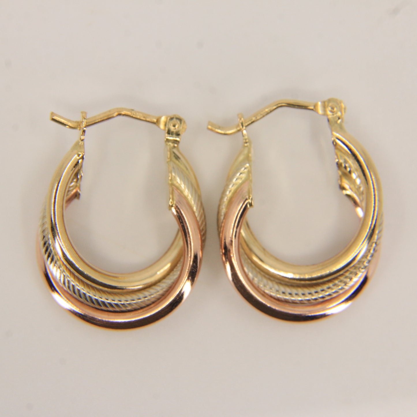 Vintage 9ct Gold Russian Style 3 Tone Hoop Earrings Hallmarked