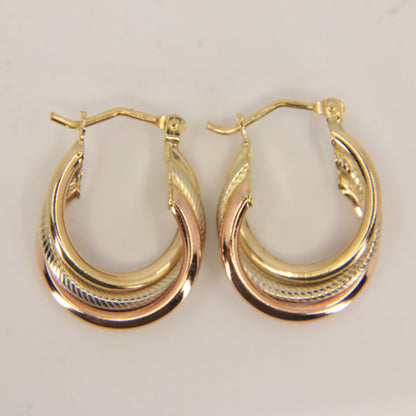 Vintage 9ct Gold Russian Style 3 Tone Hoop Earrings Hallmarked