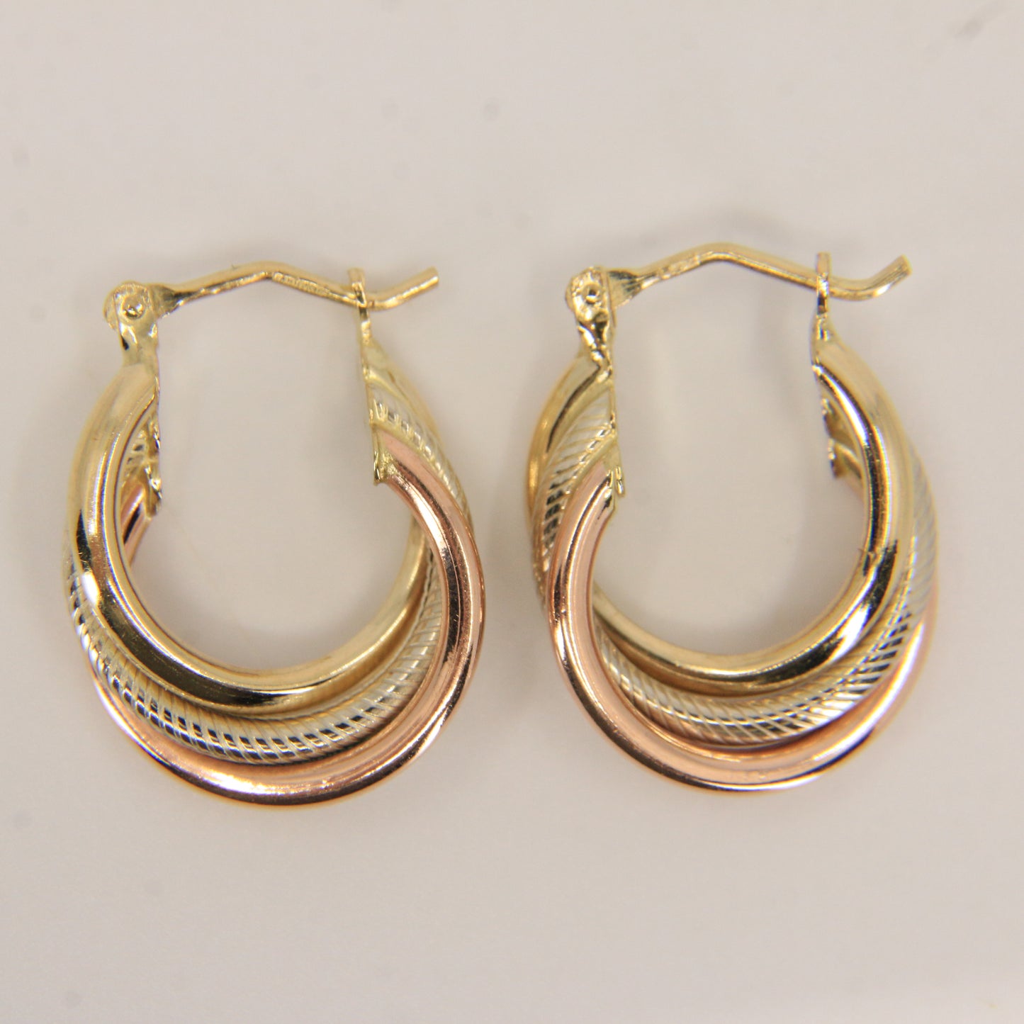 Vintage 9ct Gold Russian Style 3 Tone Hoop Earrings Hallmarked