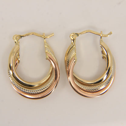 Vintage 9ct Gold Russian Style 3 Tone Hoop Earrings Hallmarked