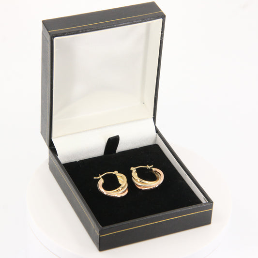 Vintage 9ct Gold Russian Style 3 Tone Hoop Earrings Hallmarked