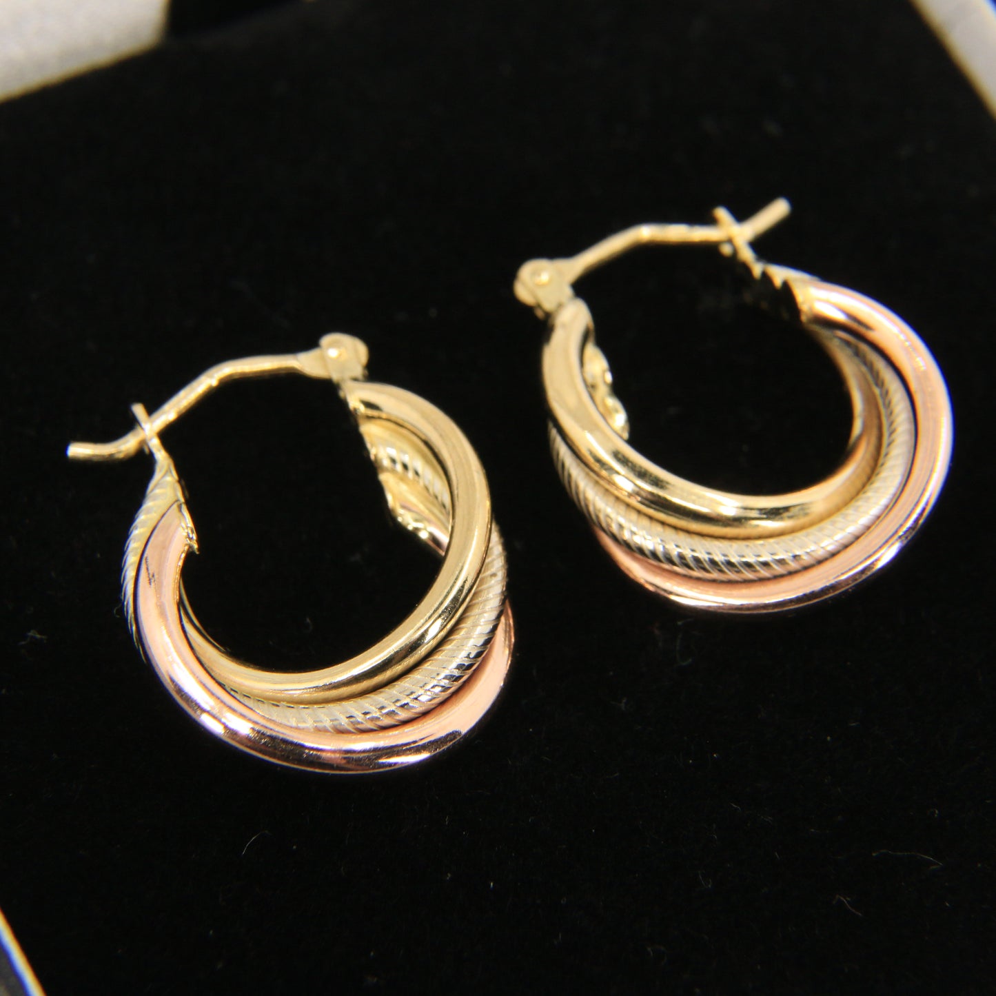 Vintage 9ct Gold Russian Style 3 Tone Hoop Earrings Hallmarked