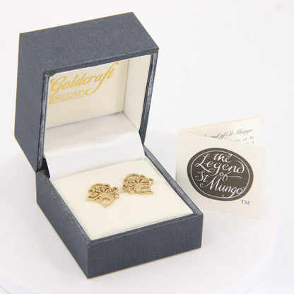 Vintage 9ct Yellow Gold St Mungo Glasgow Stud Earrings Scottish Heritage Gift