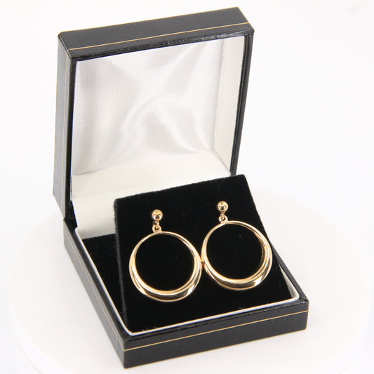 Vintage 9ct Gold Hoop Drop Earrings Hallmarked Crescent Circle Boxed Gift