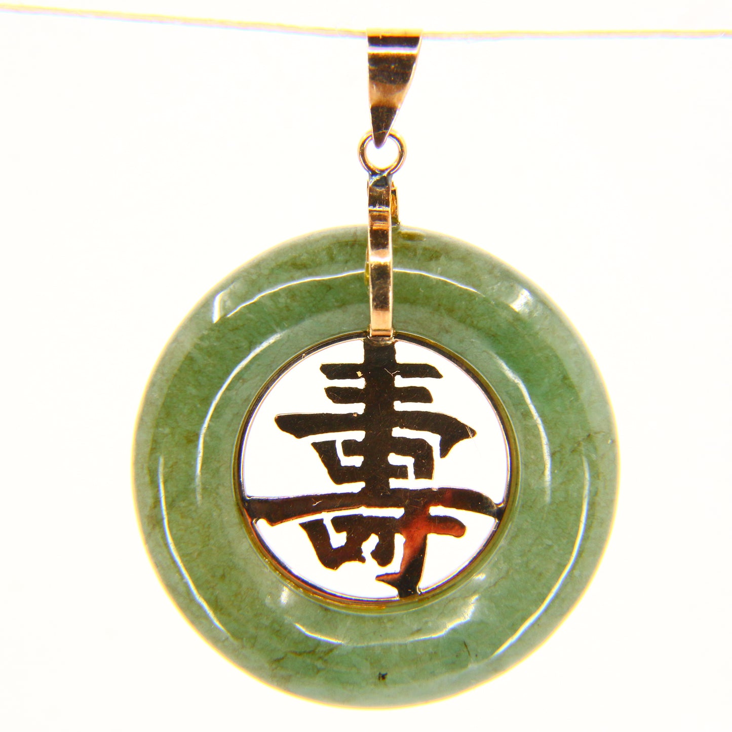 Vintage 14K Longevity Chinese Character Pendant Green Jade Yellow Gold Charm