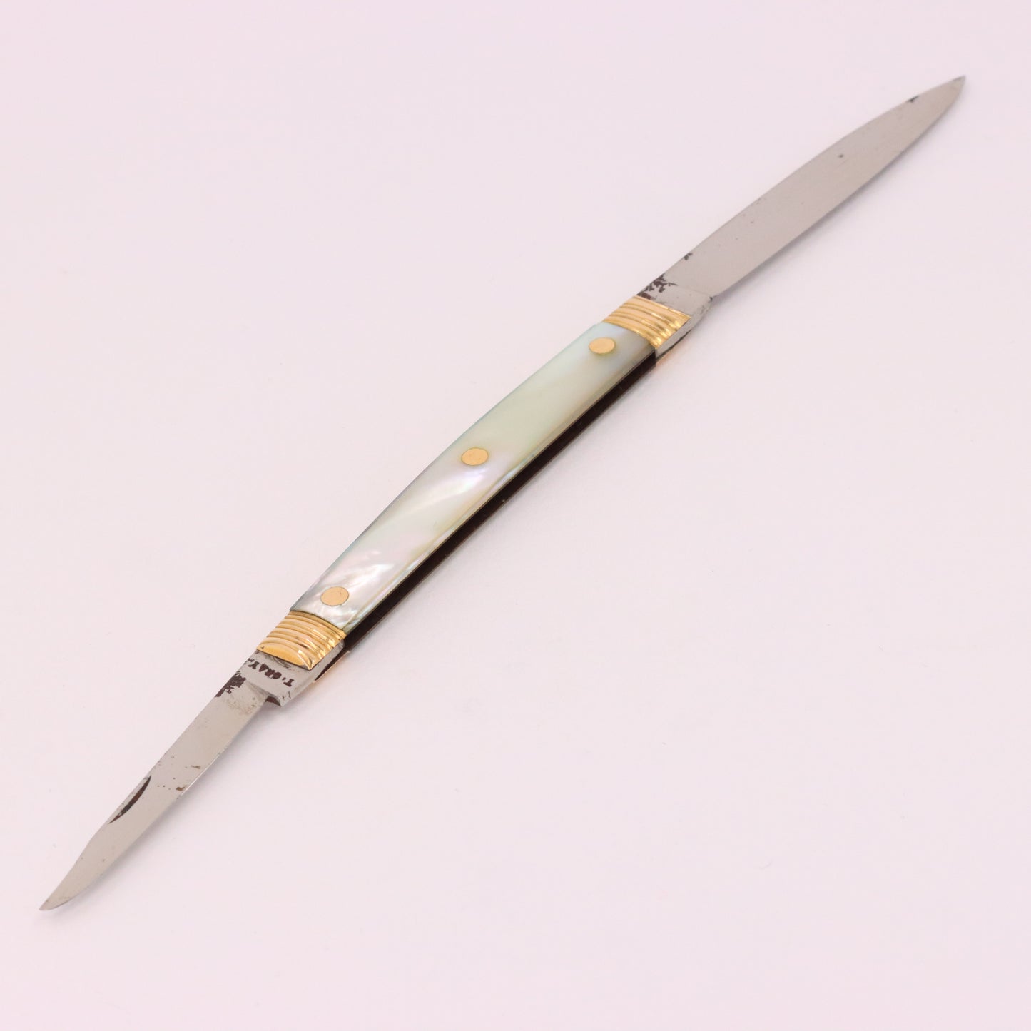 Antique 18K Gold Mother of Pearl Two Blade Pocket Knife T. Gray Folding Knife