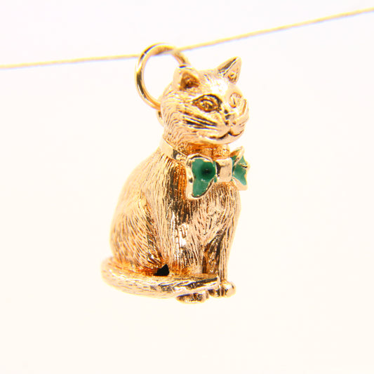 Vintage 9ct Gold Bowtie Cat Charm 9 Carat Hallmarked Yellow Gold Cat Pendant