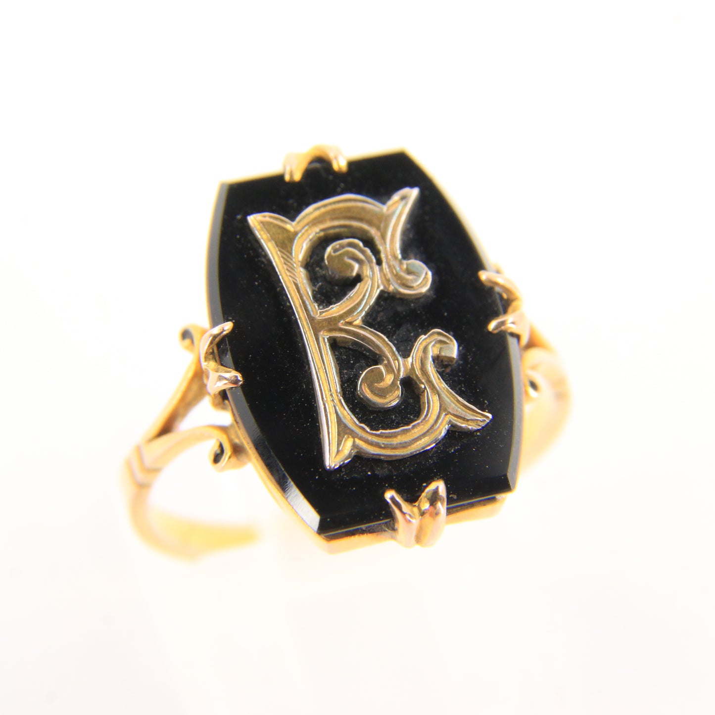 Antique 9ct Hallmarked Yellow Gold Onyx Victorian E Mourning Ring UK Size O 1/2 Boxed