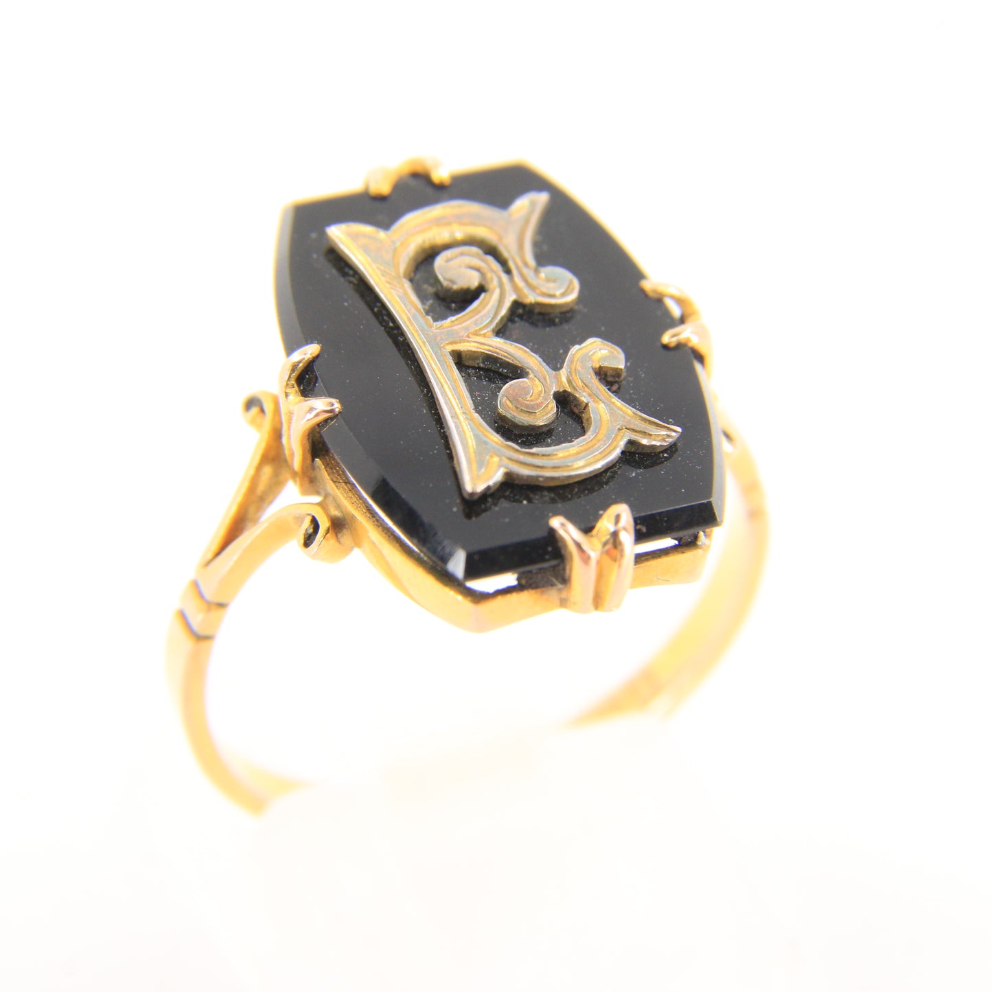 Antique 9ct Hallmarked Yellow Gold Onyx Victorian E Mourning Ring UK Size O 1/2 Boxed