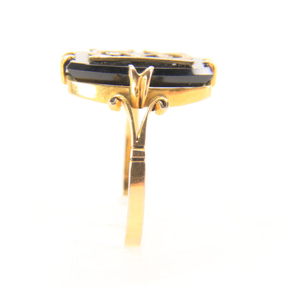 Antique 9ct Hallmarked Yellow Gold Onyx Victorian E Mourning Ring UK Size O 1/2 Boxed