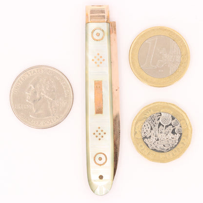 Antique 14K Gold Mother of Pearl Folding Fruit Knife Pocket Knife A.M. Initials