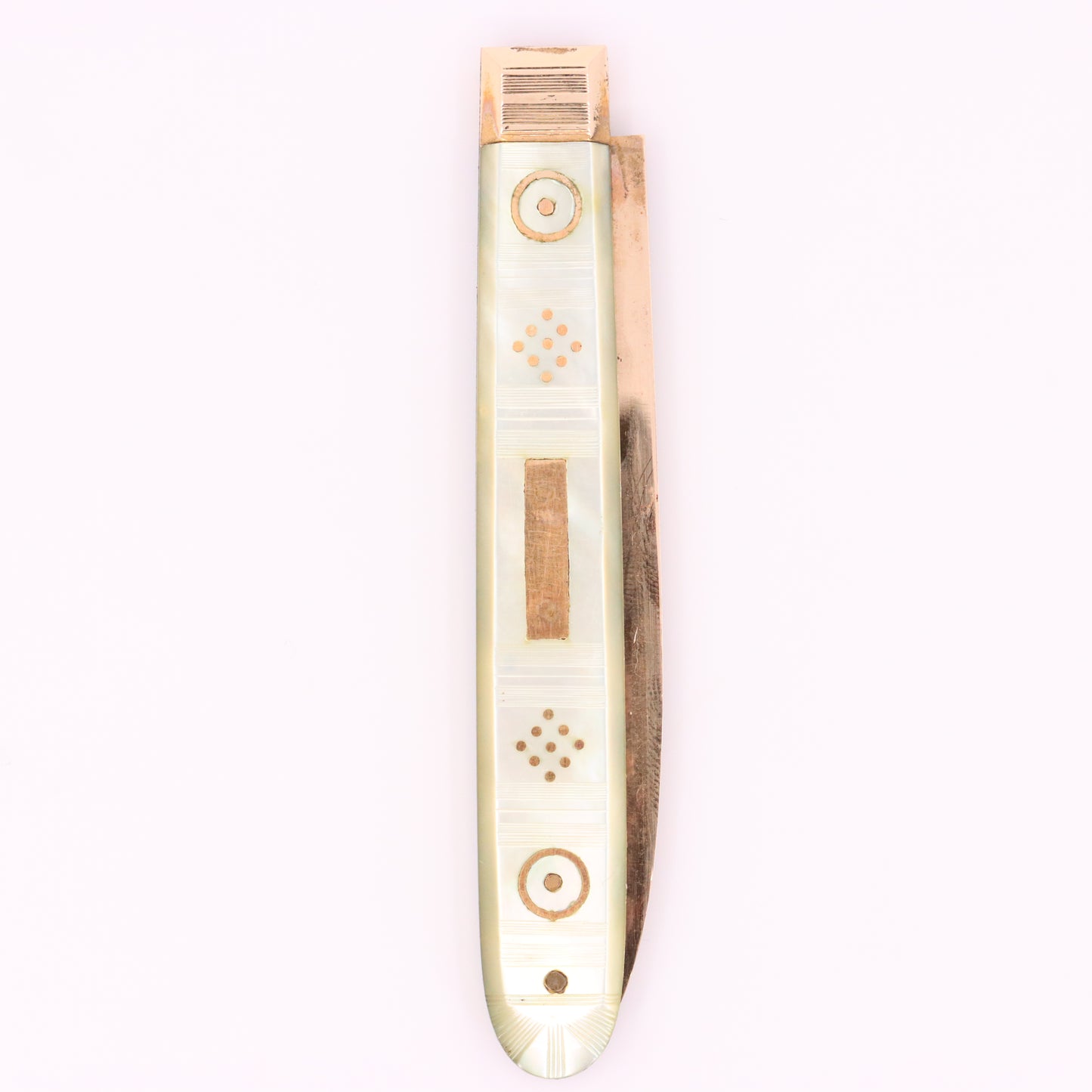 Antique 14K Gold Mother of Pearl Folding Fruit Knife Pocket Knife A.M. Initials