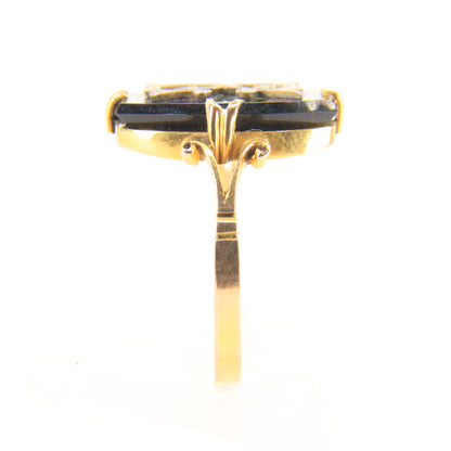 Antique 9ct Hallmarked Yellow Gold Onyx Victorian E Mourning Ring UK Size O 1/2 Boxed