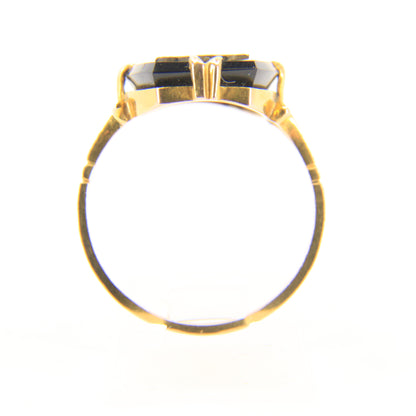 Antique 9ct Hallmarked Yellow Gold Onyx Victorian E Mourning Ring UK Size O 1/2 Boxed