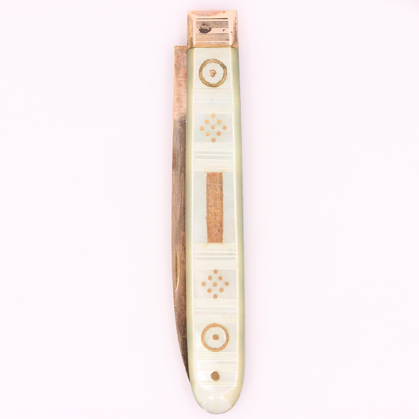 Antique 14K Gold Mother of Pearl Folding Fruit Knife Pocket Knife A.M. Initials