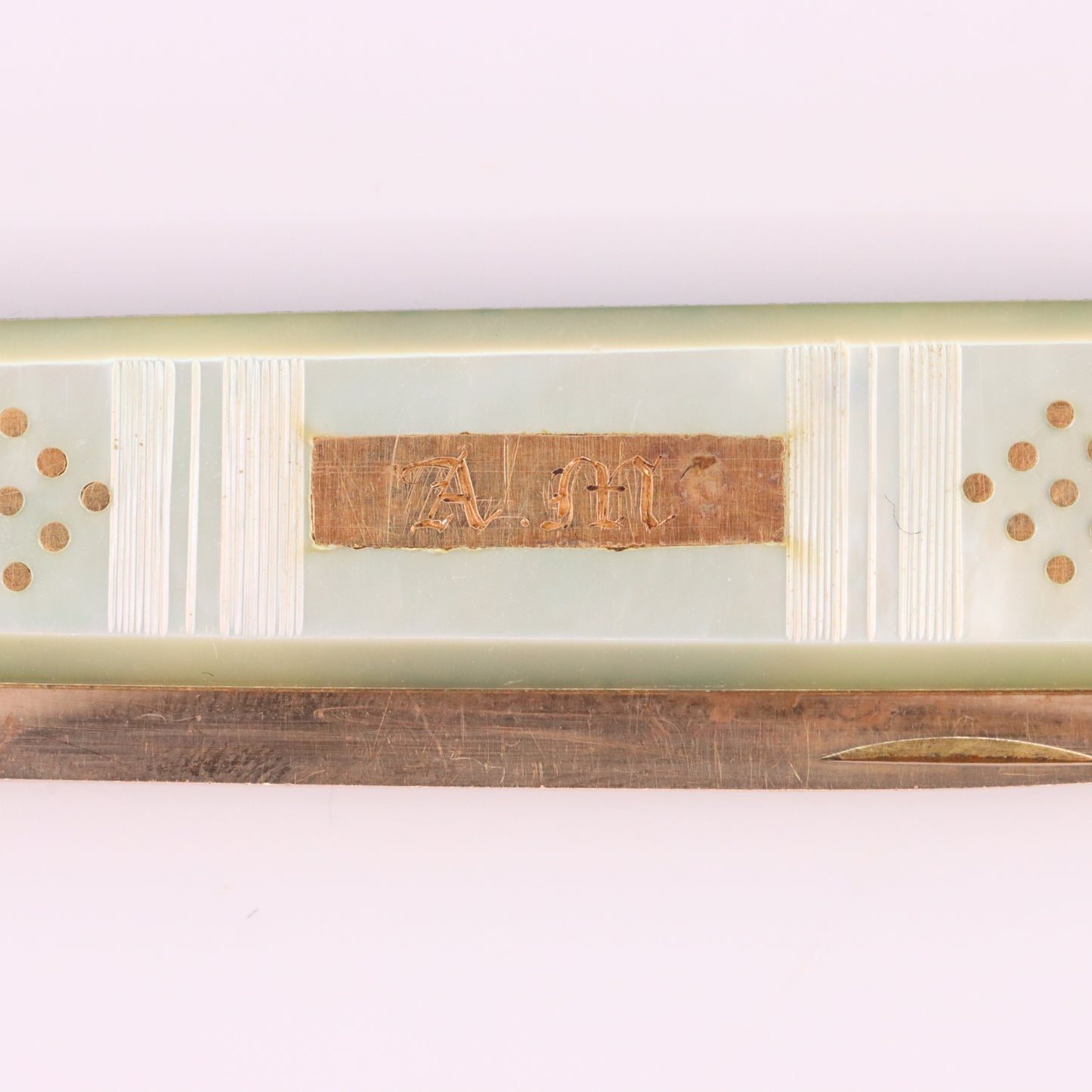 Antique 14K Gold Mother of Pearl Folding Fruit Knife Pocket Knife A.M. Initials