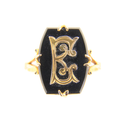 Antique 9ct Hallmarked Yellow Gold Onyx Victorian E Mourning Ring UK Size O 1/2 Boxed