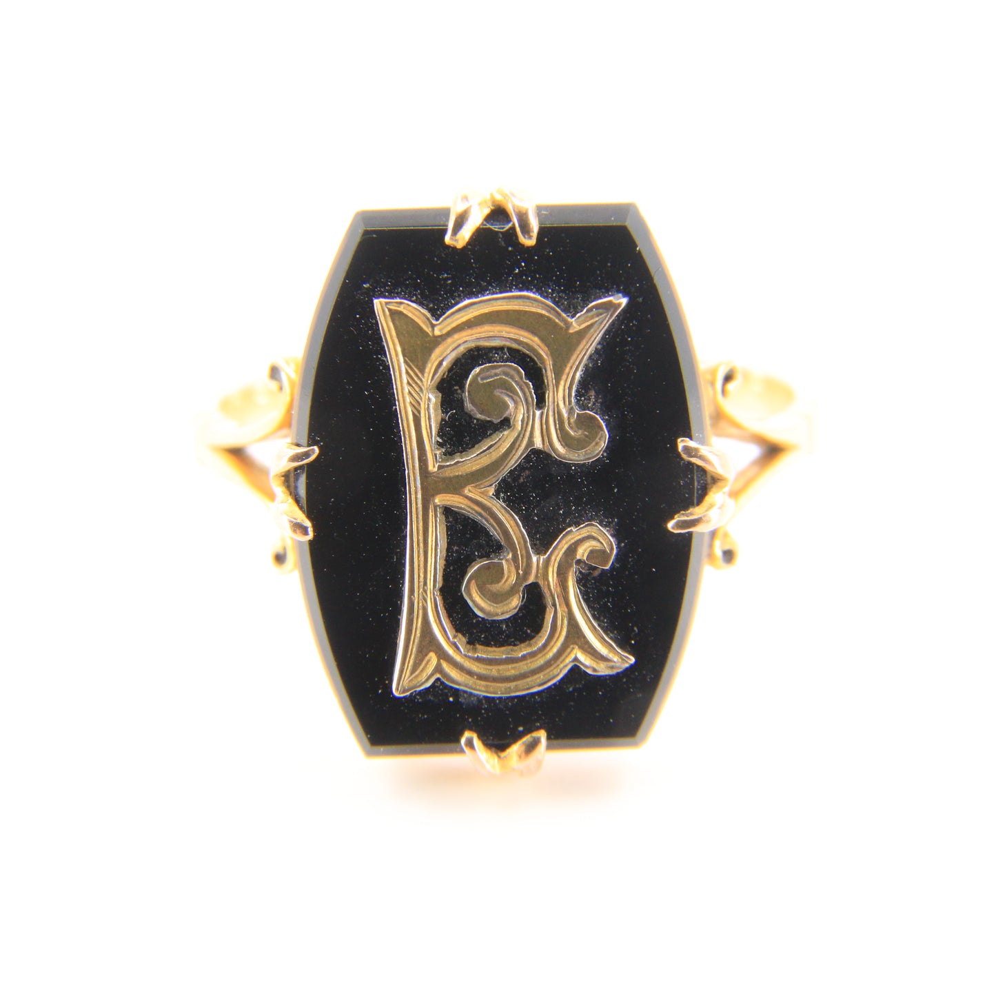 Antique 9ct Hallmarked Yellow Gold Onyx Victorian E Mourning Ring UK Size O 1/2 Boxed