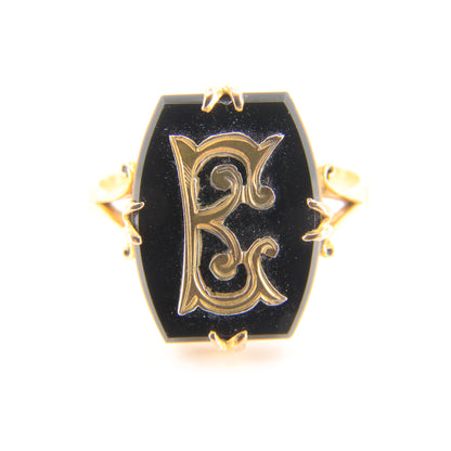 Antique 9ct Hallmarked Yellow Gold Onyx Victorian E Mourning Ring UK Size O 1/2 Boxed
