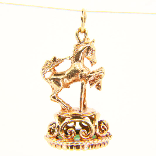 Vintage 9ct Jumping Horse Charm Jade Stone Hallmarked Gold Pendant