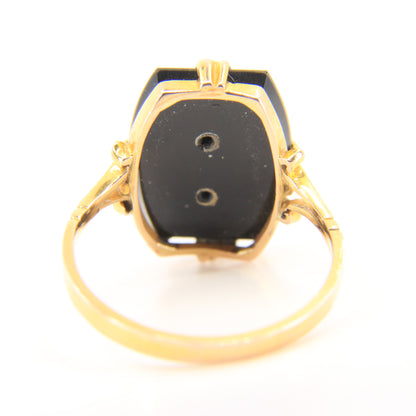 Antique 9ct Hallmarked Yellow Gold Onyx Victorian E Mourning Ring UK Size O 1/2 Boxed