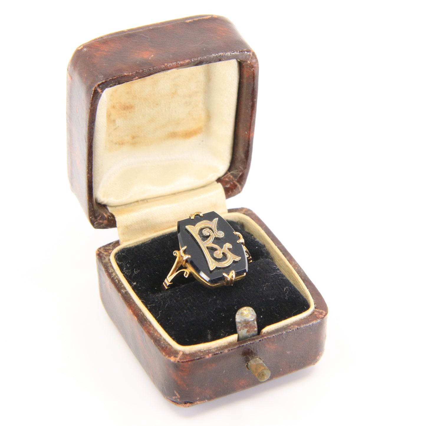 Antique 9ct Hallmarked Yellow Gold Onyx Victorian E Mourning Ring UK Size O 1/2 Boxed