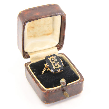 Antique 9ct Hallmarked Yellow Gold Onyx Victorian E Mourning Ring UK Size O 1/2 Boxed