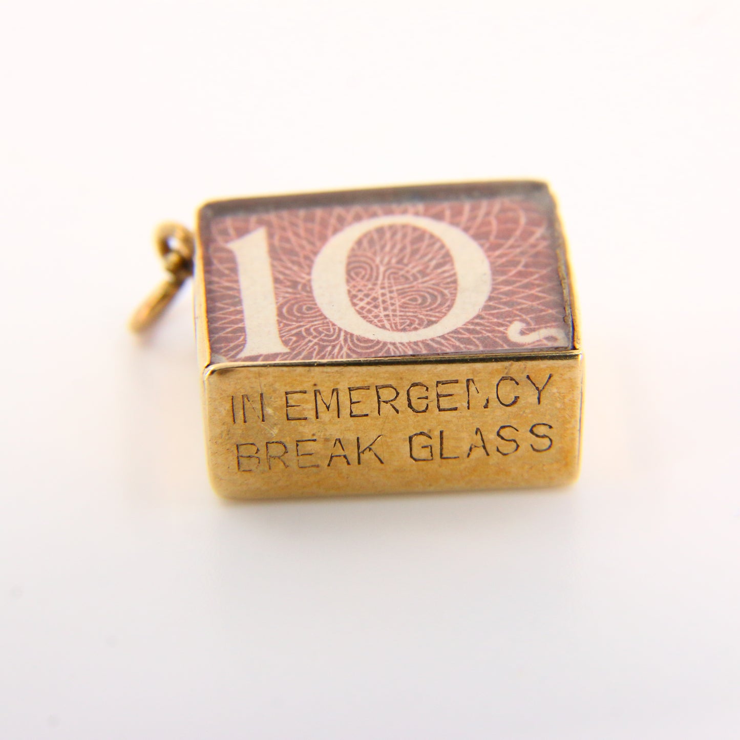 Vintage Ten Bob Emergency Break Glass Gold Charm 10 Shilling Pendant Hallmarked