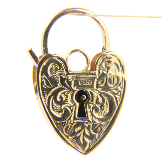 Vintage 9ct Yellow Gold Hallmarked Floral Engraved Heart Padlock Charm Pendant