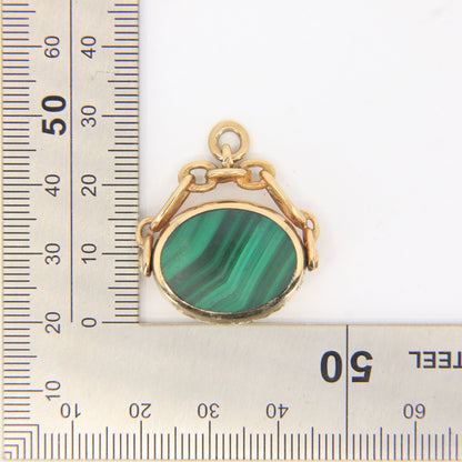 Vintage 9ct Hallmarked Gold Malachite Carnelian Spinner Pendant Fob Charm 1982
