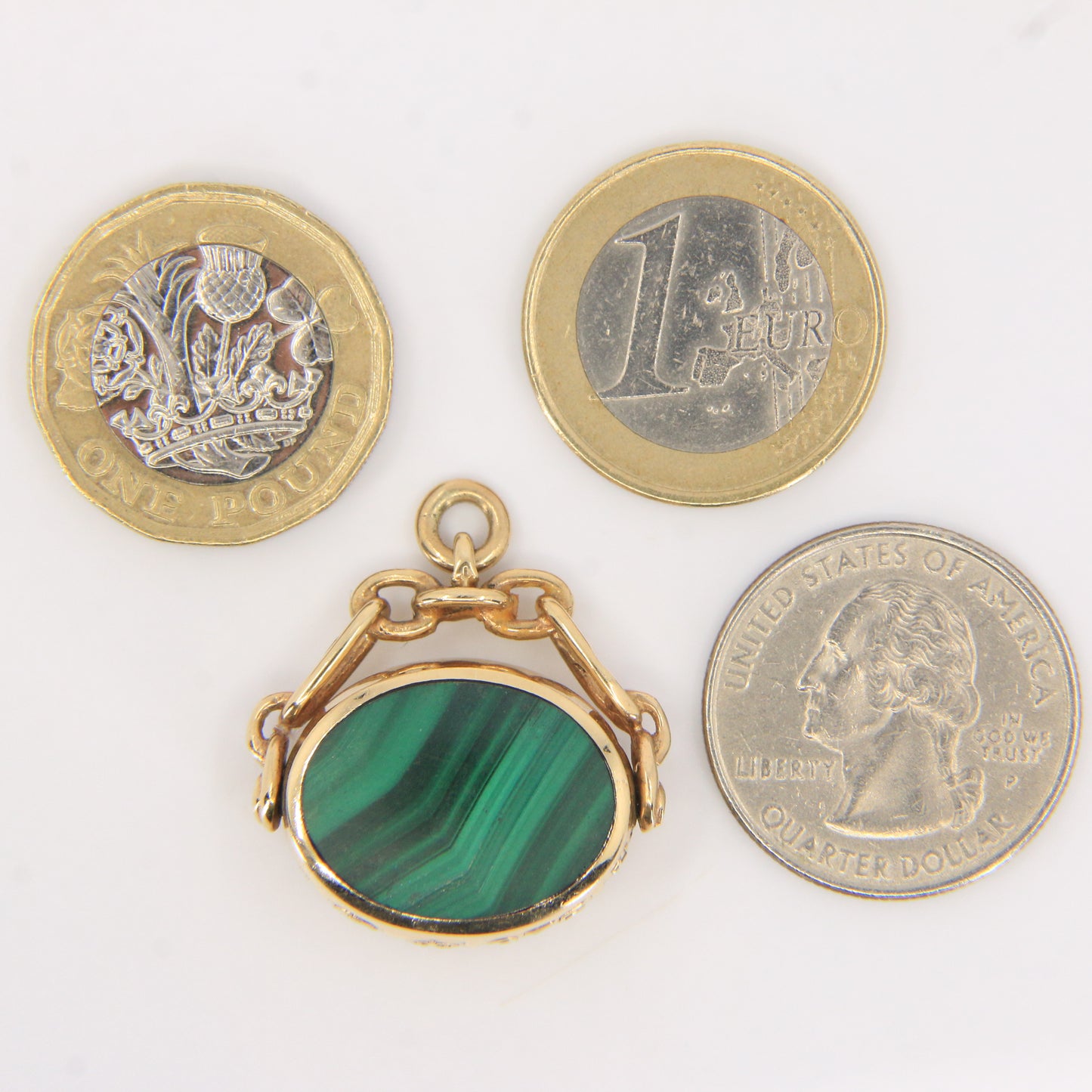 Vintage 9ct Hallmarked Gold Malachite Carnelian Spinner Pendant Fob Charm 1982