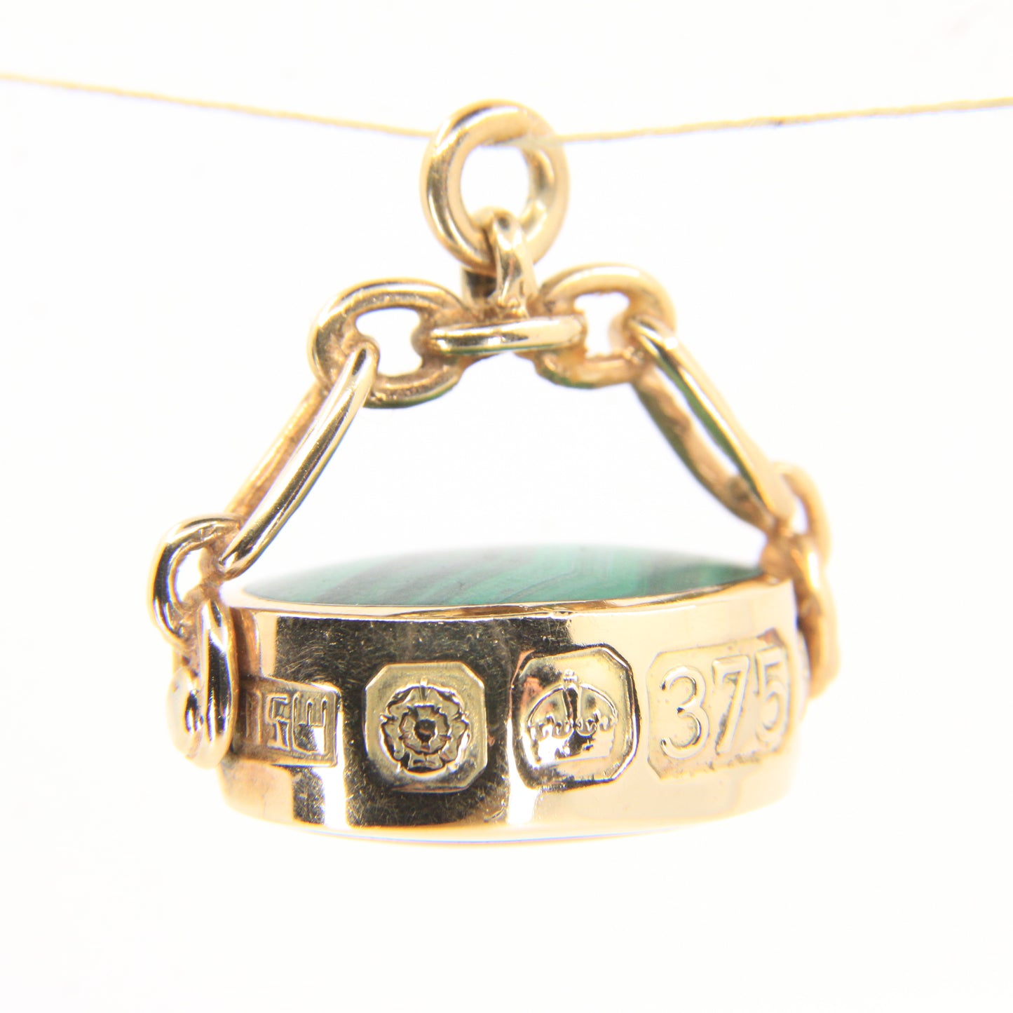 Vintage 9ct Hallmarked Gold Malachite Carnelian Spinner Pendant Fob Charm 1982
