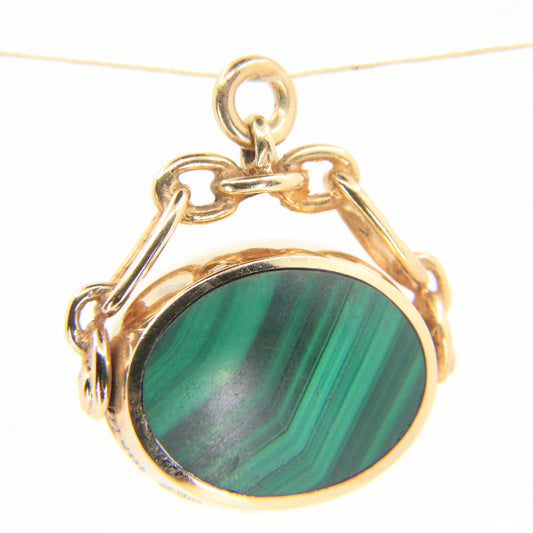 Vintage 9ct Hallmarked Gold Malachite Carnelian Spinner Pendant Fob Charm 1982