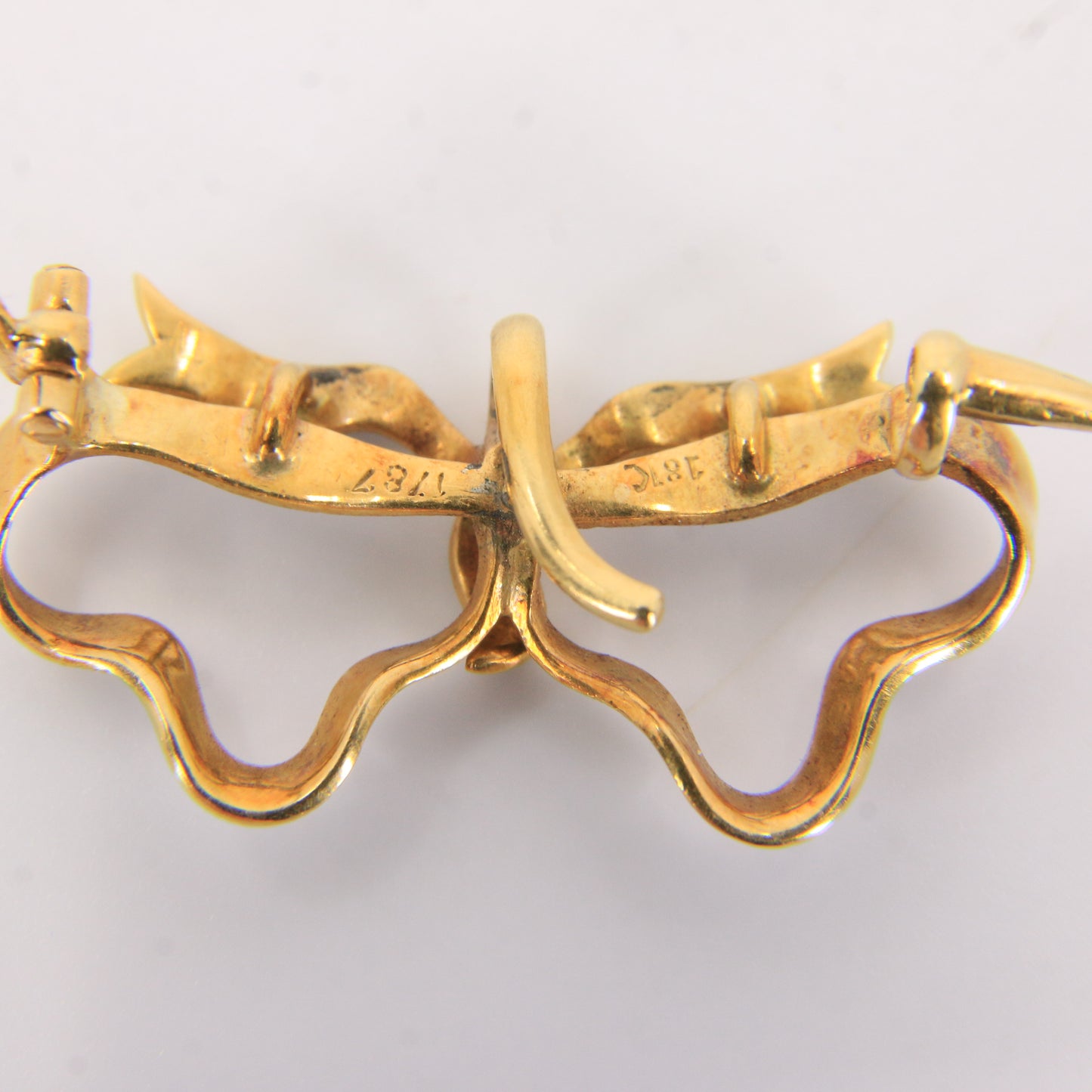 Antique 18k Gold Blue Enamel Detailed Bow Brooch Watch Suspension 1787 Georgian